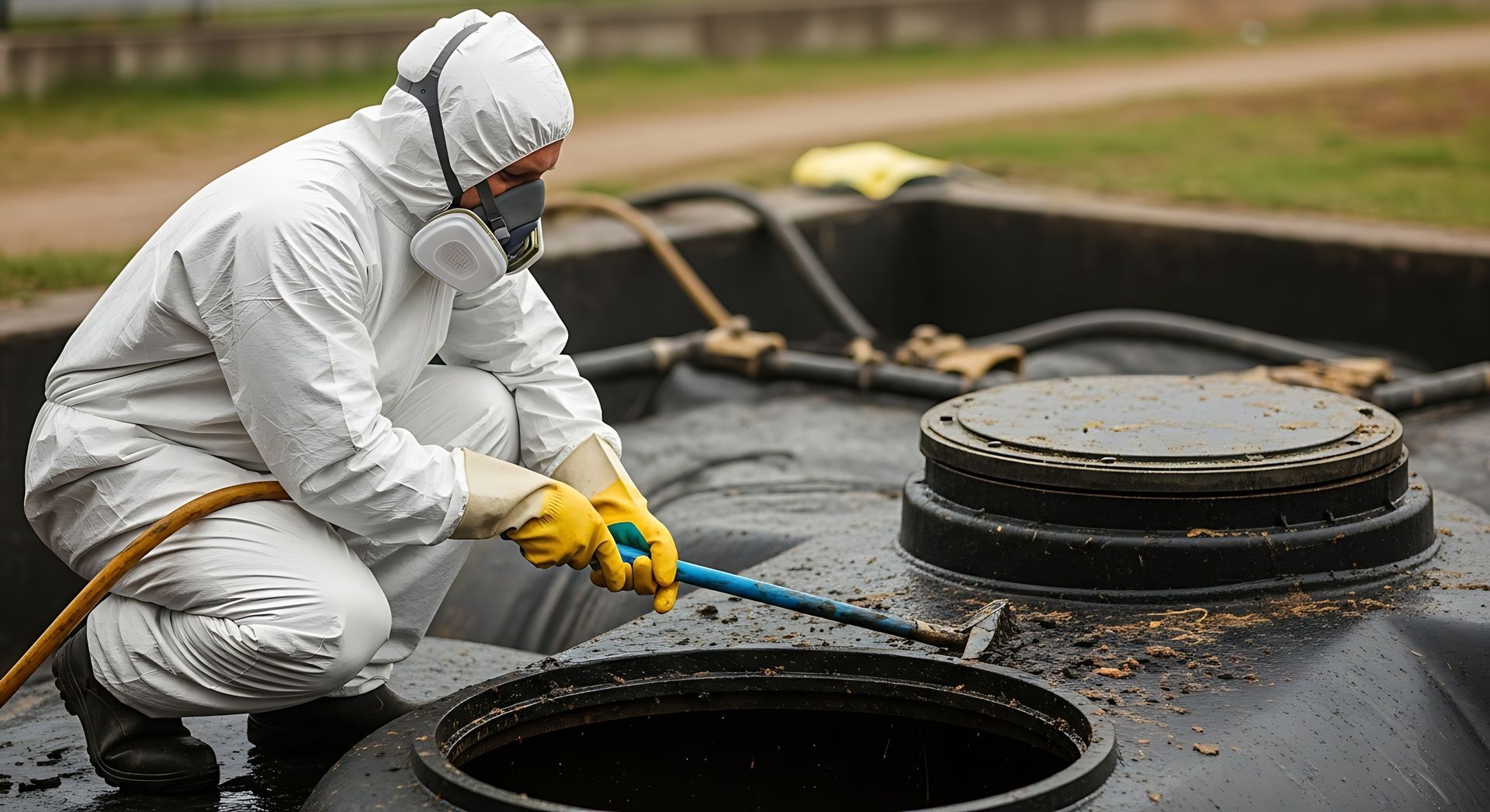 Septic tank cleaner in protective suit using suction hose. Septic tank cleaner in protective suit using suction hose.