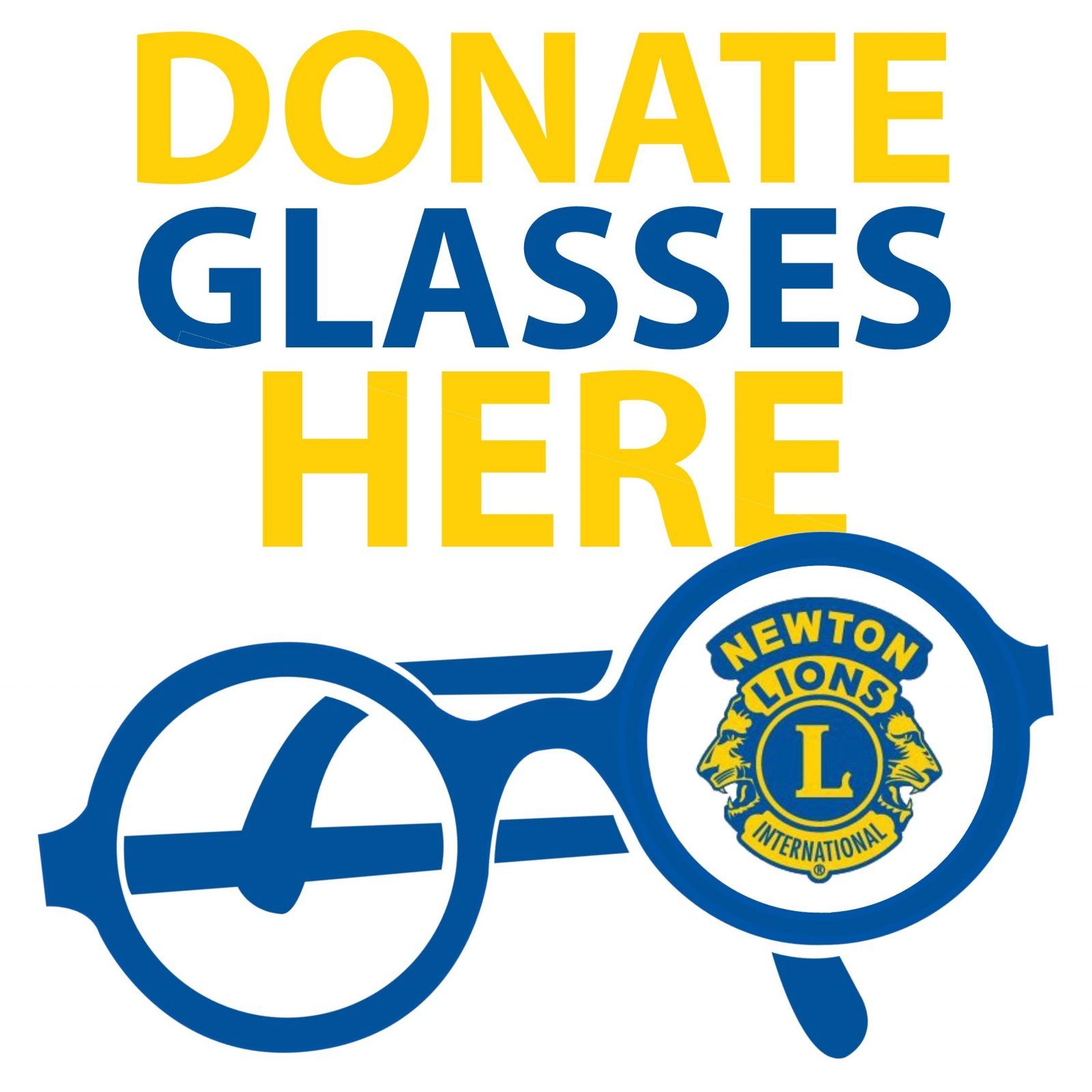 A blue and yellow sign that says donate glasses here