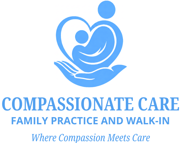 Blue Compassionate Care Family Practice and Walk-In logo with caring hands and a parent and child silhouette