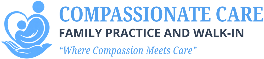 Logo for Compassionate Care Family Practice and Walk-In with slogan “Where Compassion Meets Care” in blue text