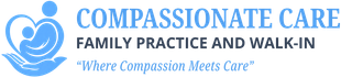 Logo for Compassionate Care Family Practice and Walk-In with slogan “Where Compassion Meets Care” in blue text