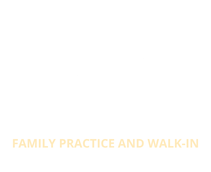 White Compassionate Care logo with hands cradling a person and text for family practice and walk-in clinic
