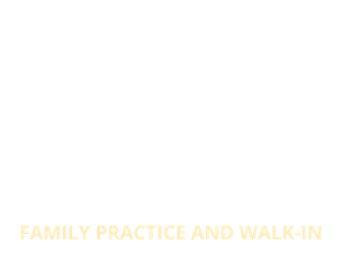 White Compassionate Care logo with hands cradling a person and text for family practice and walk-in clinic