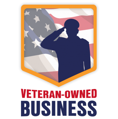 Veteran-owned business badge with U.S. flag and saluting silhouette in blue and orange