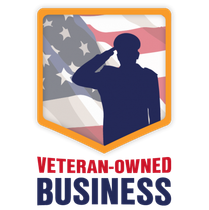 Veteran-owned business badge with U.S. flag and saluting silhouette in blue and orange