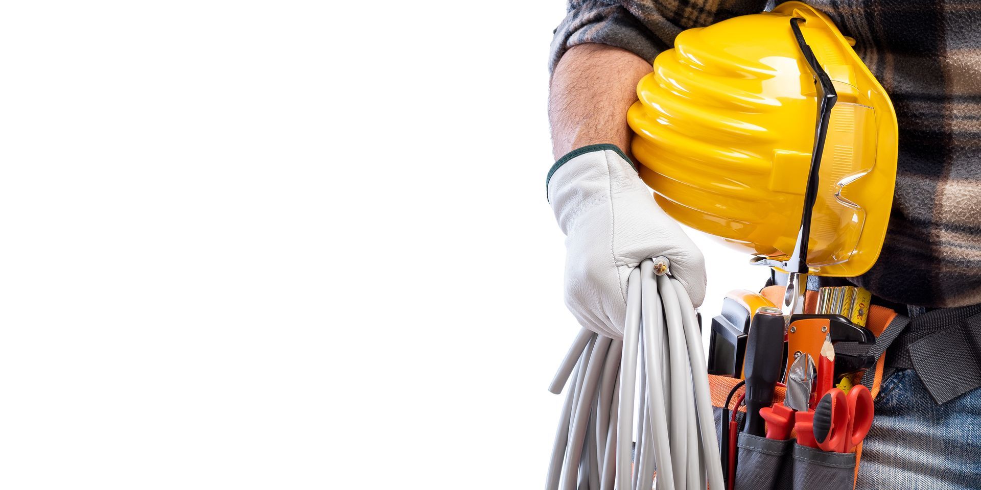 Construction worker holding a hard hat and electrical cables with tool belt visible. Construction worker holding a hard hat and electrical cables with tool belt visible.