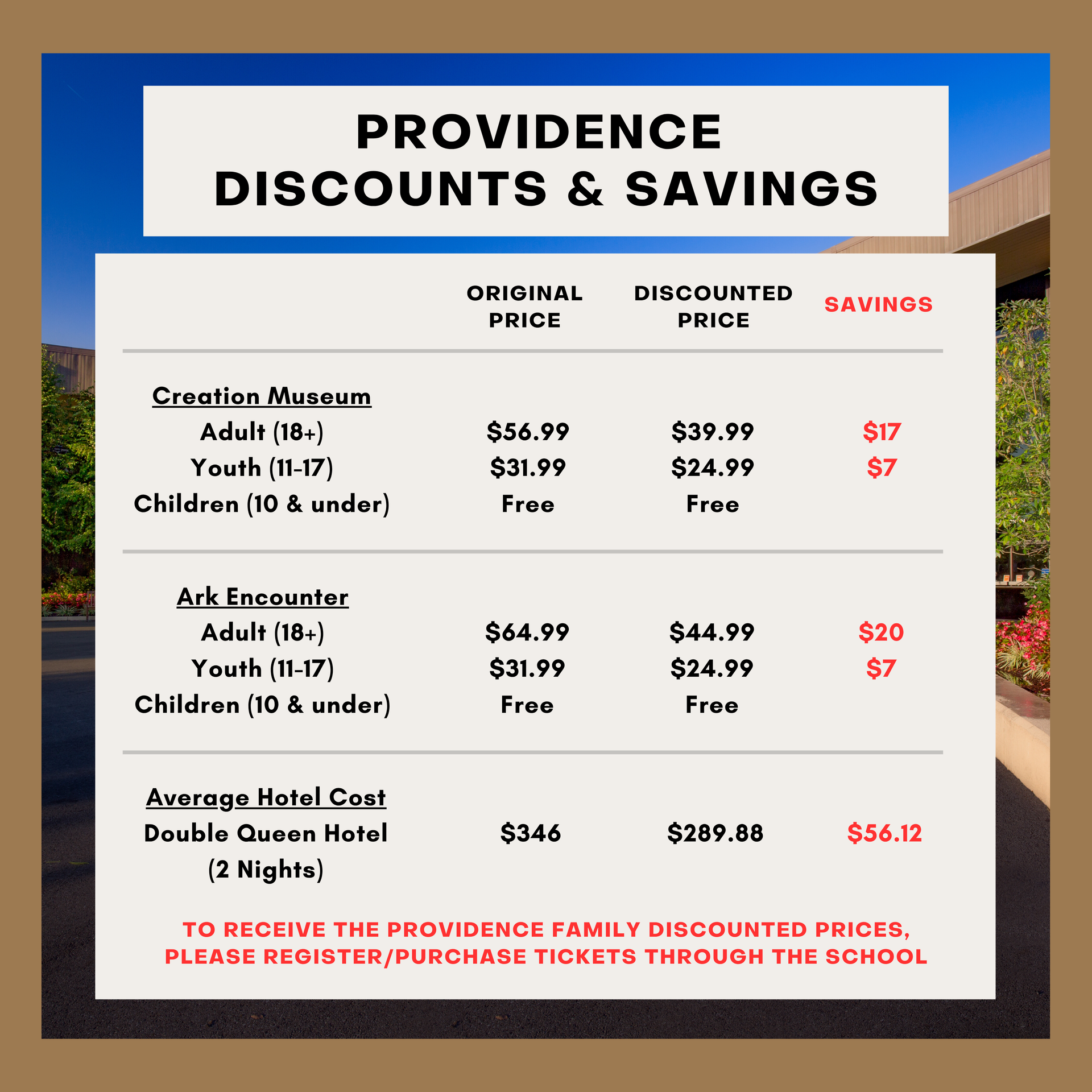 Providence discounts and savings chart with museum, arts, and hotel ticket prices on blue background