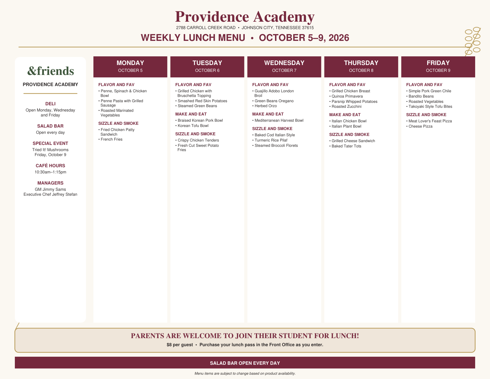 Providence Academy weekly lunch menu poster with daily meal options in red, maroon, and white.