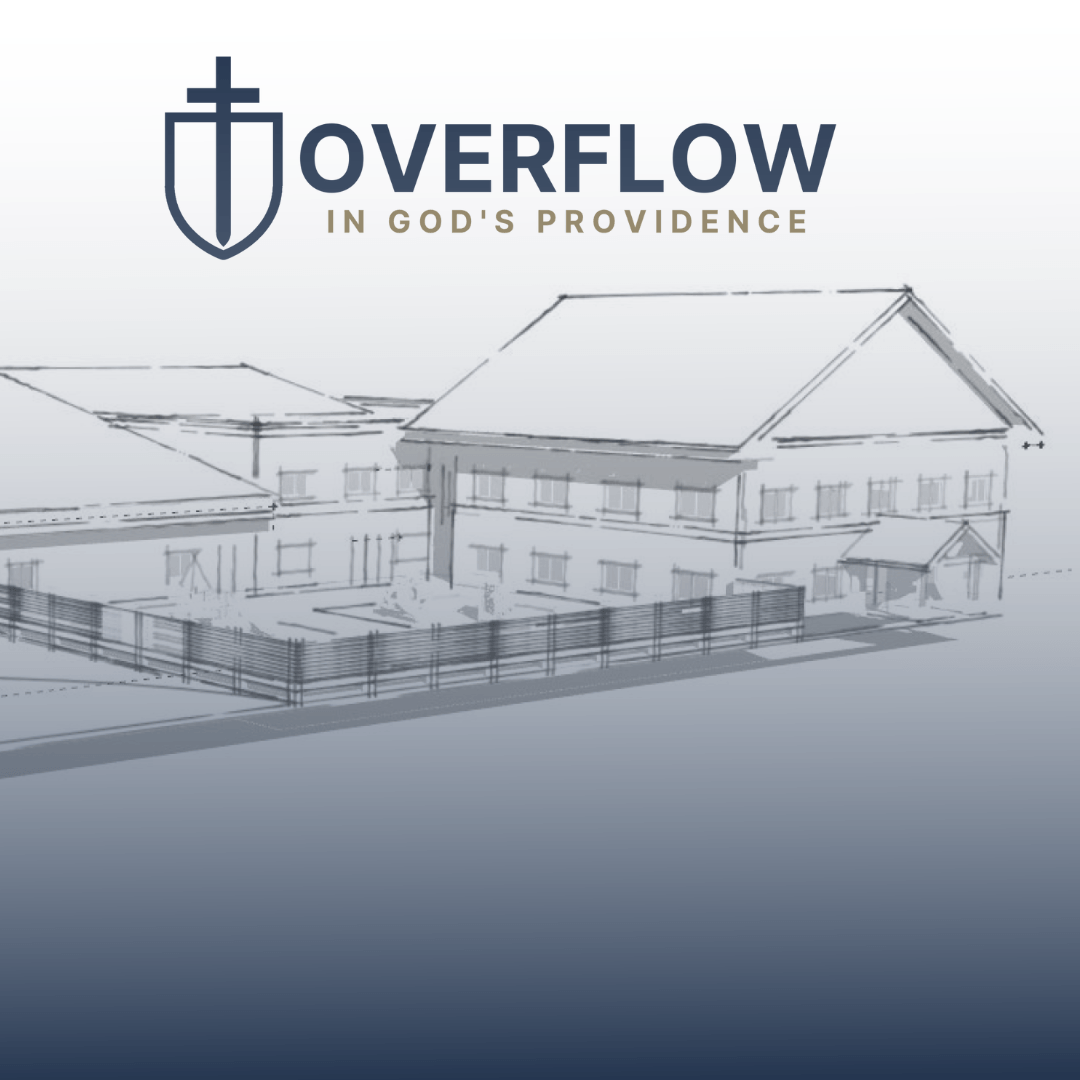 Overflow church logo over a gray sketch of a building with the phrase “In God’s Providence”