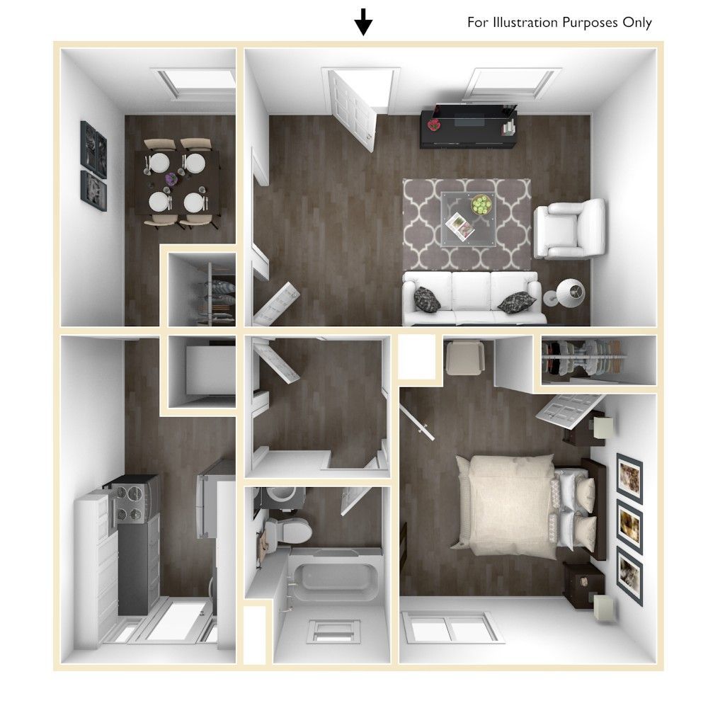 Top-down 3D floor plan of a small apartment with living room, bedroom, kitchen, bath, and dining area