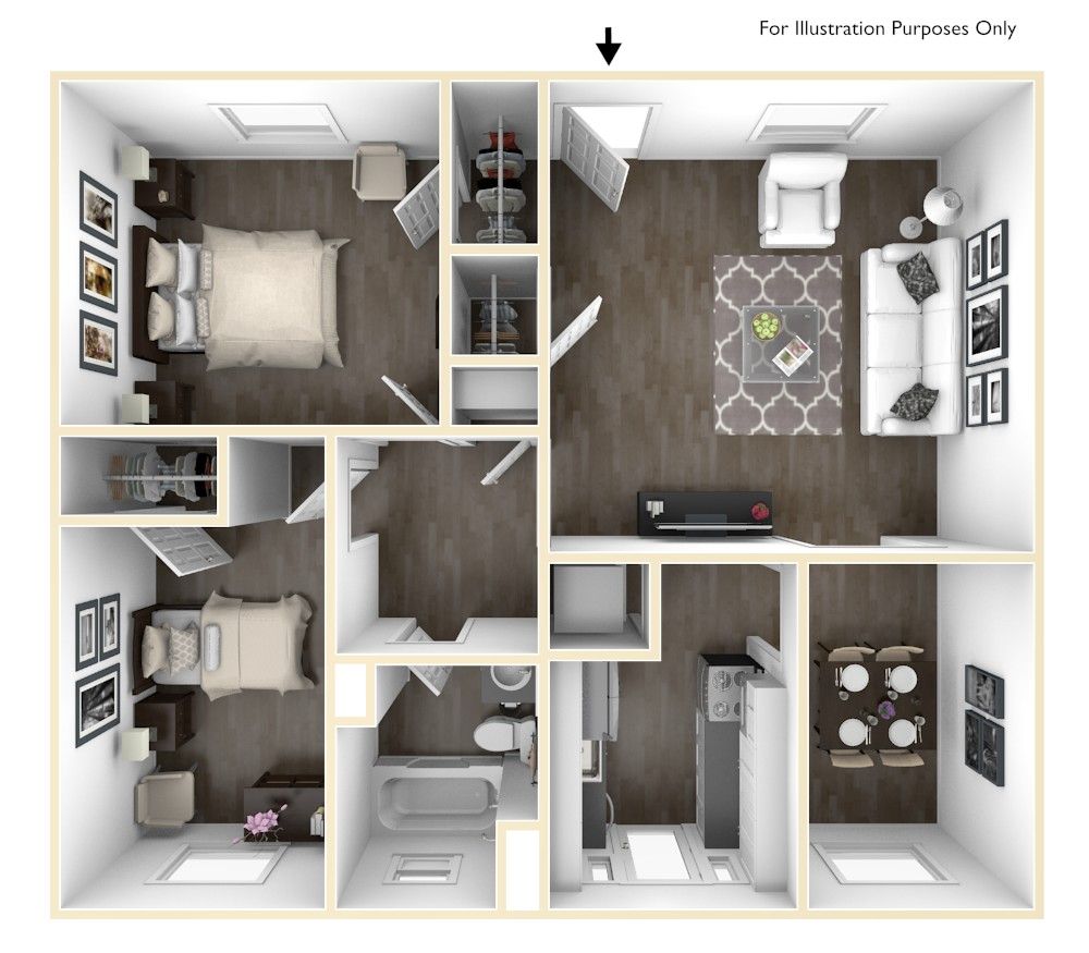 Top-down 3D floor plan of a small apartment with bedrooms, kitchen, bath, and living area.