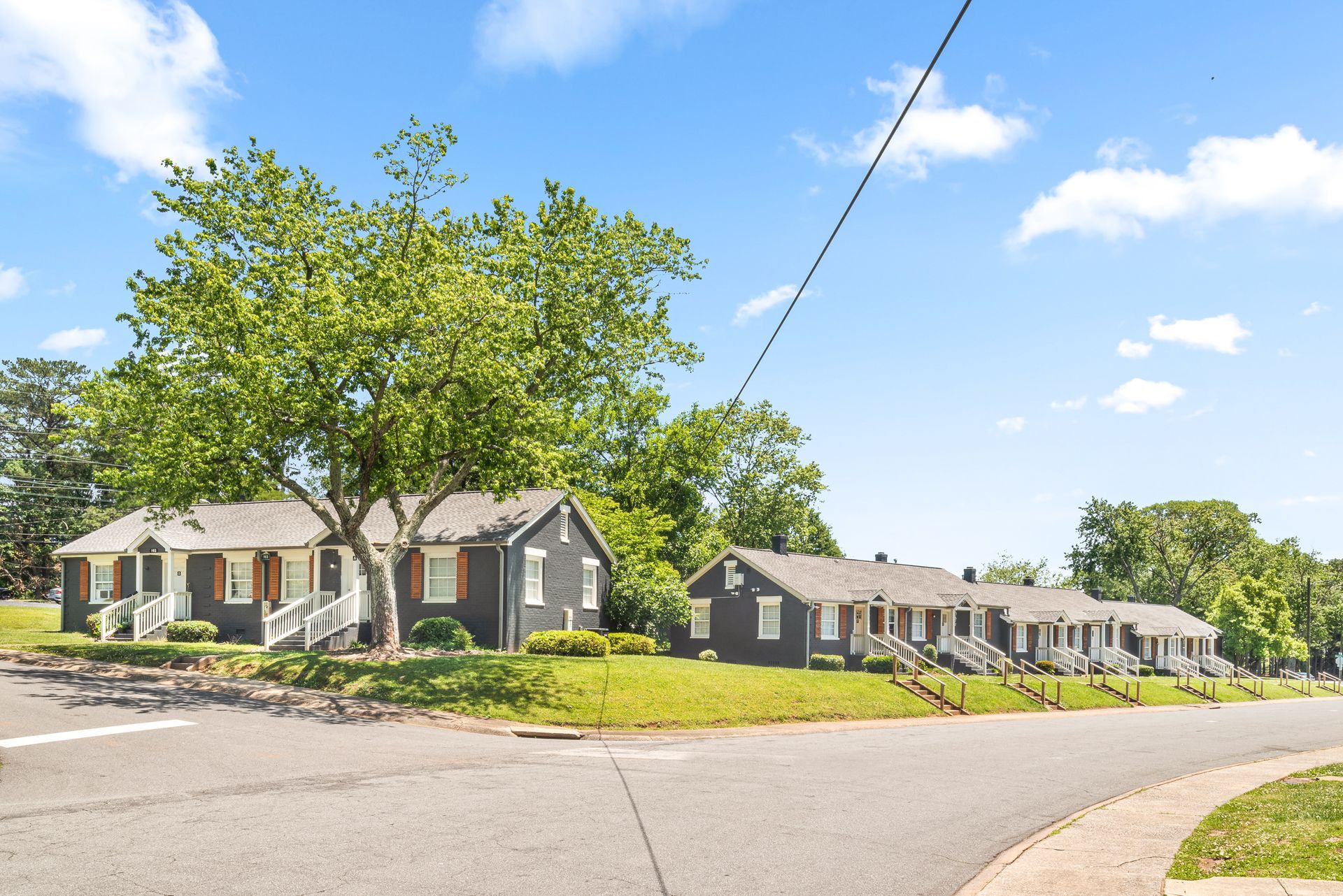 Row of suburban houses with large trees along a quiet street on a sunny day