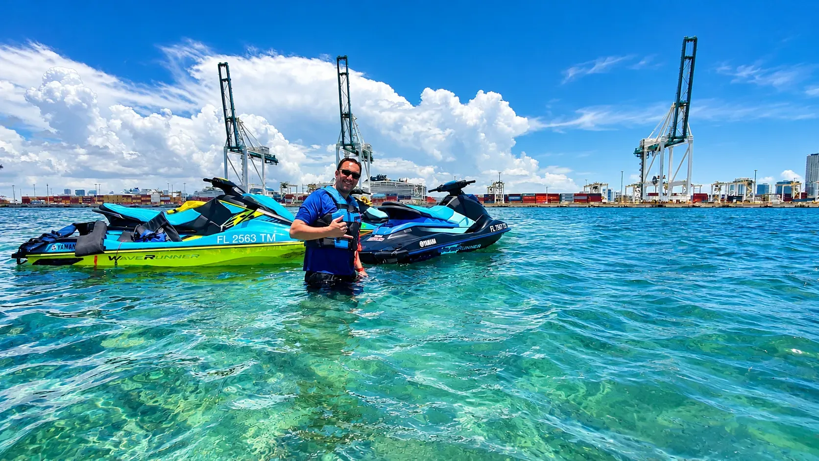 Jet ski adventure on Biscayne Bay with PortMiami cranes and Yamaha WaveRunners in the background
