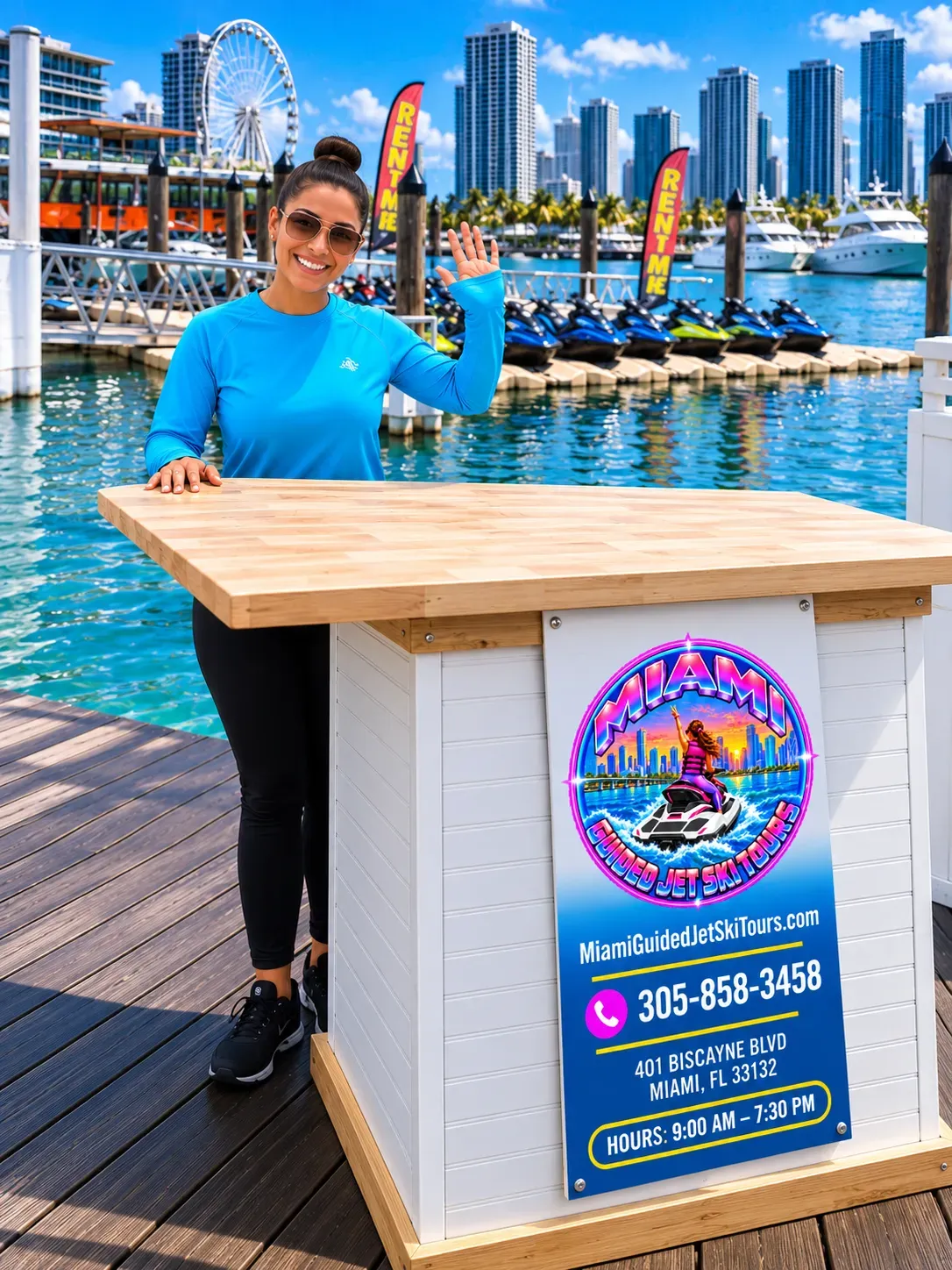 Contact Miami Jet Ski Tours and Rentals with our Bayside Marina team and jet skis on site