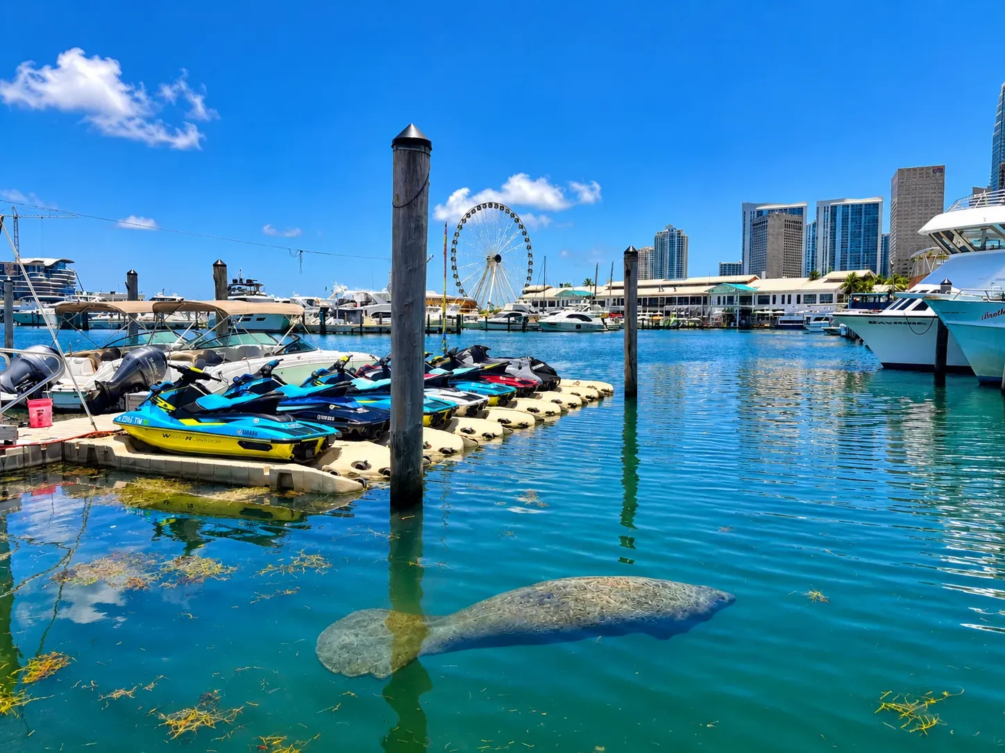 Manatee swimming beside a jet ski rental in Miami at Bayside Marketplace marina