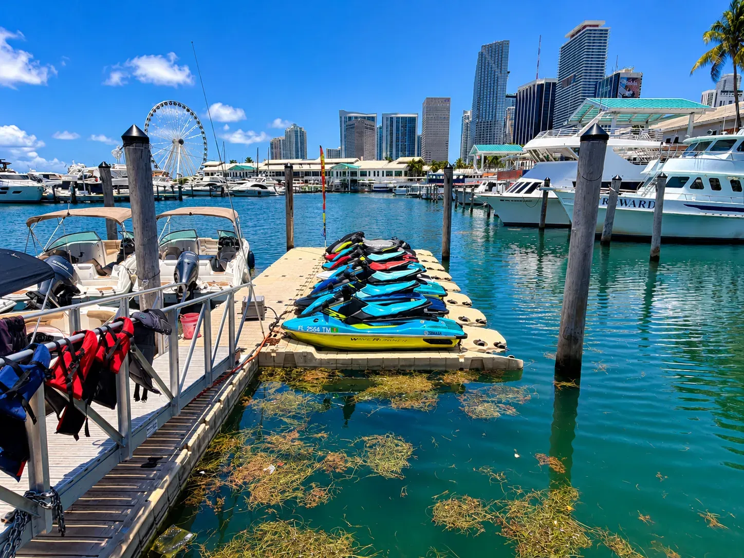 Jet ski rentals in Miami from Bayside Marketplace with Yamaha jet skis lined up at the marina in Downtown Miami