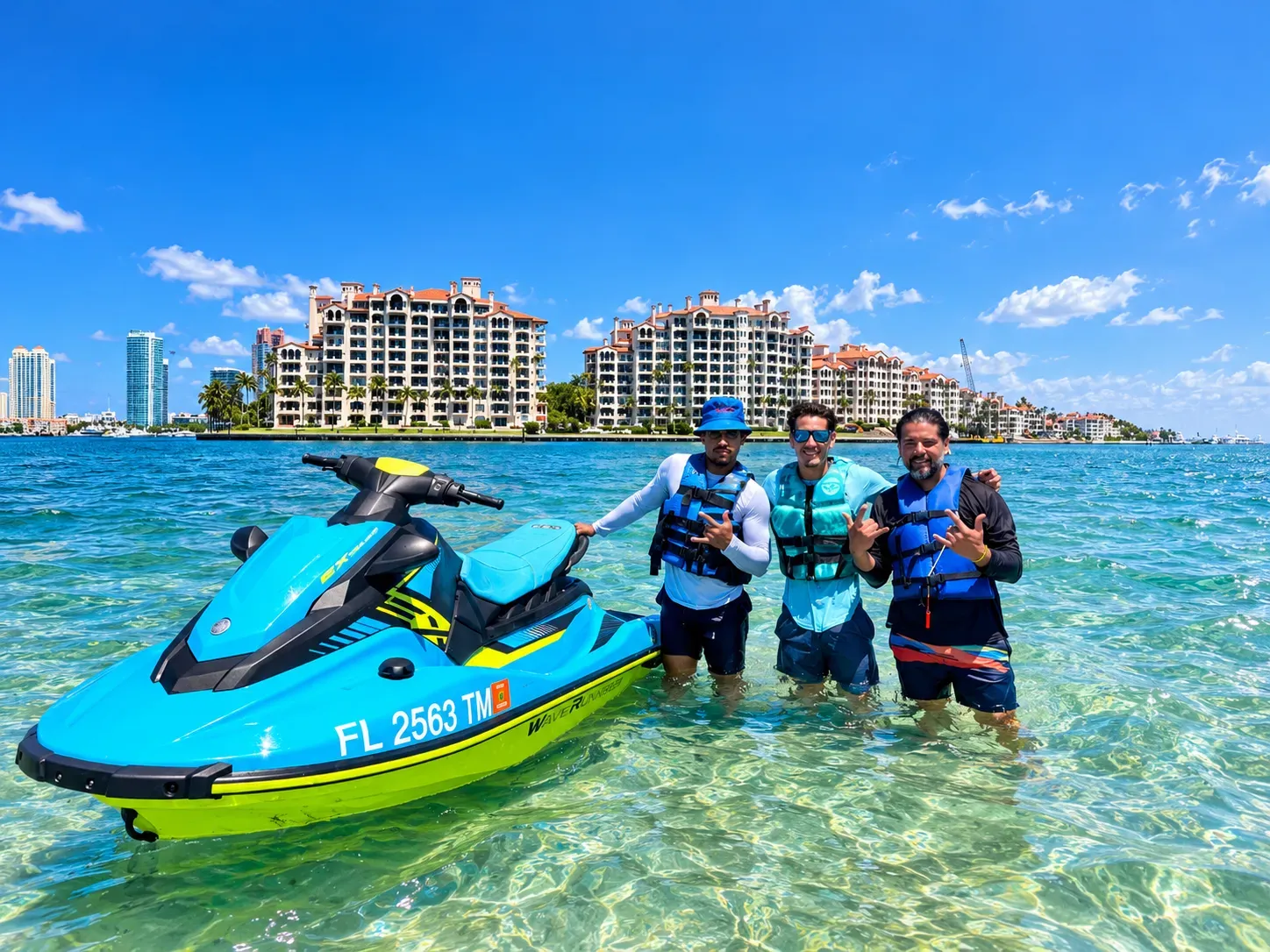 Jet ski rentals Miami Bayside with riders posing beside a jet ski in Biscayne Bay