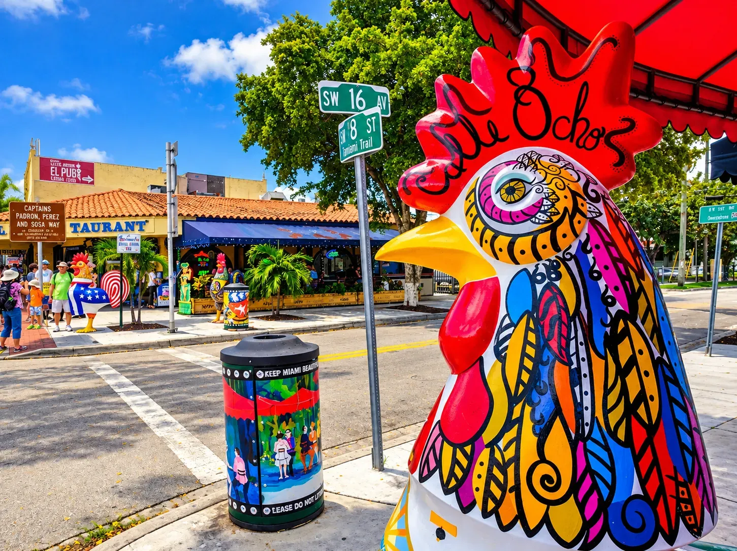 Little Havana Calle Ocho stop during Miami tours with colorful rooster art and Cuban neighborhood landmarks