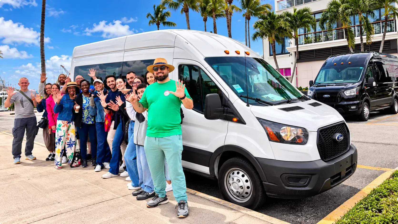 Miami 5-in-1 City Tour guide Tommy with the tour group and Sprinter van in Downtown Miami
