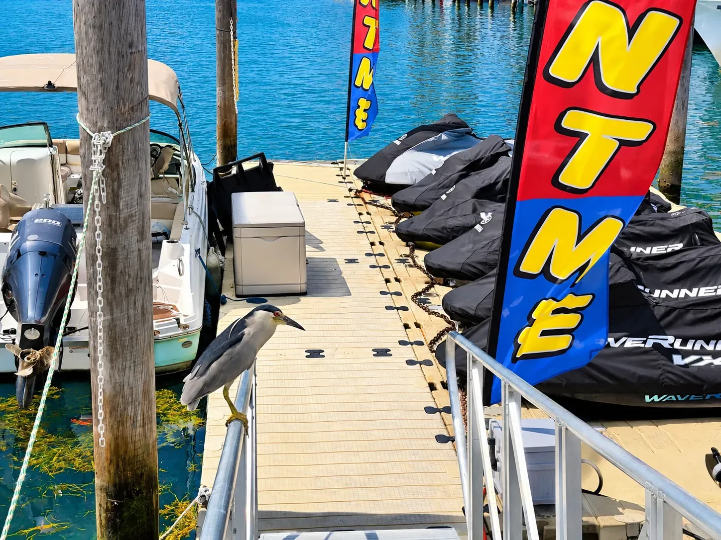 Miami Biscayne Bay jet ski rentals with covered jet skis lined up along the marina dock