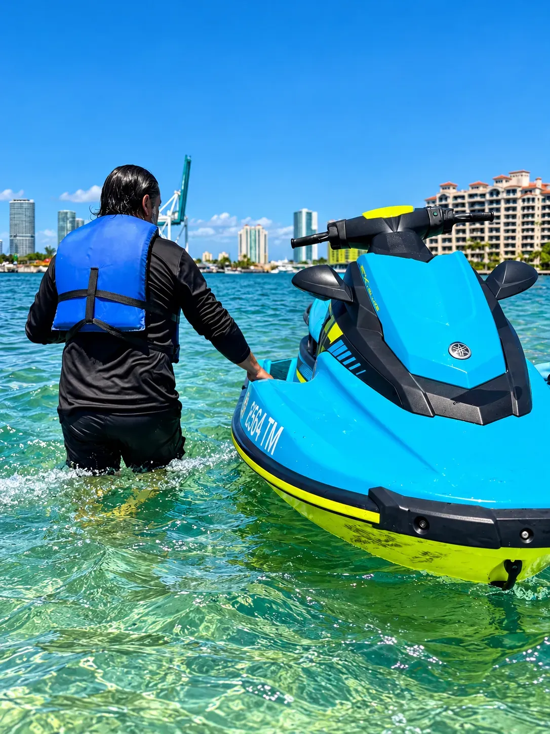 Miami guided jet ski tour guide standing beside a Yamaha WaveRunner on Biscayne Bay