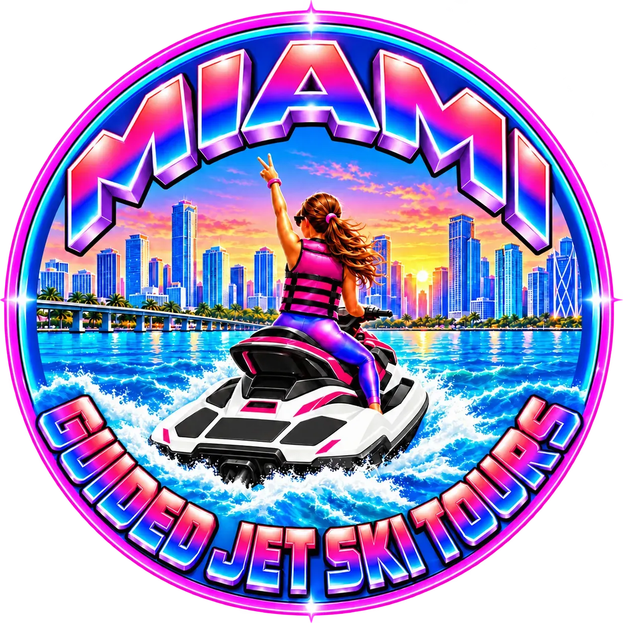 Miami Guided Jet Ski Tours logo with jet ski rider and Miami skyline.