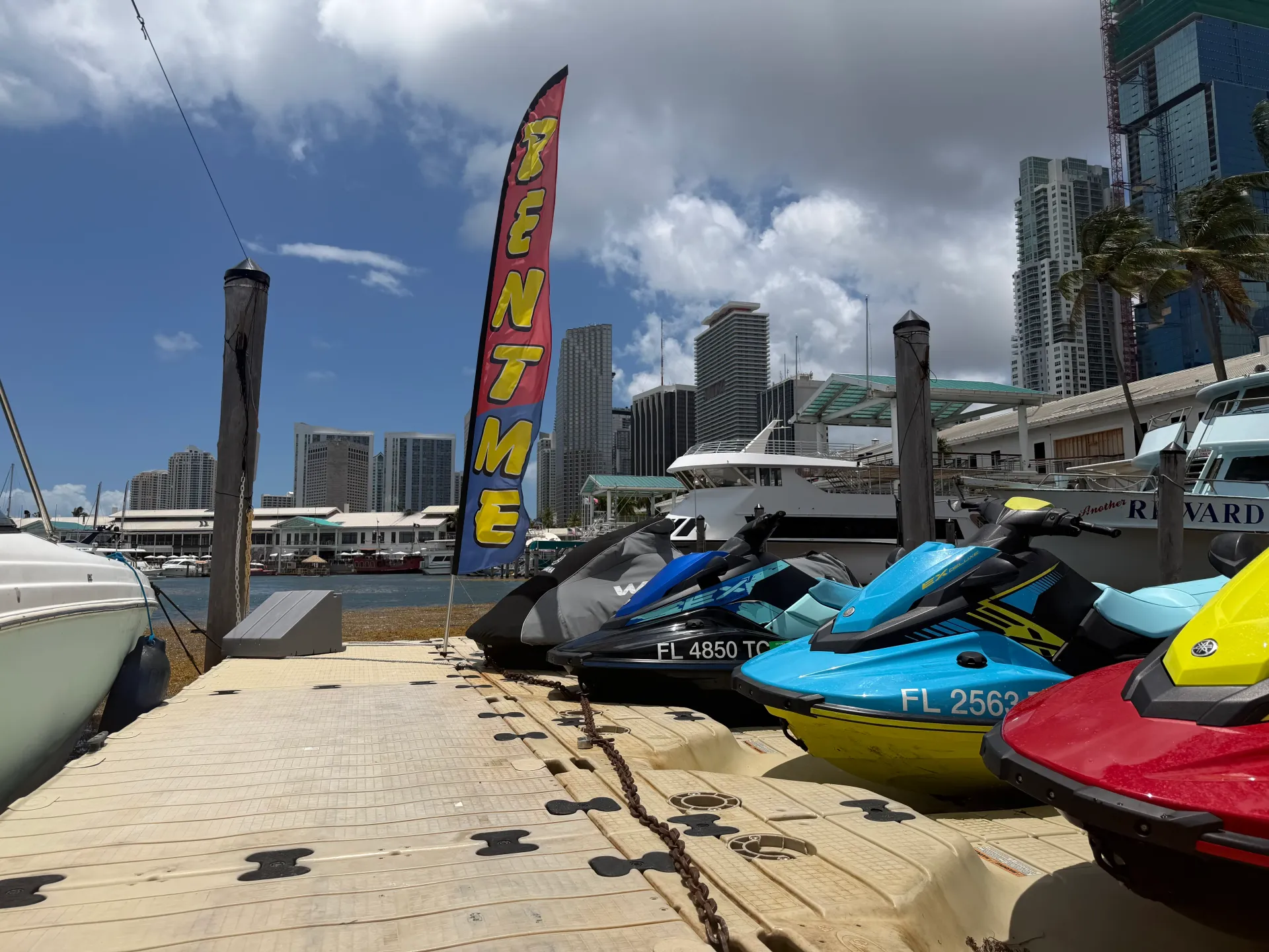 Miami jet ski rentals lined up at Bayside Marina in Downtown Miami