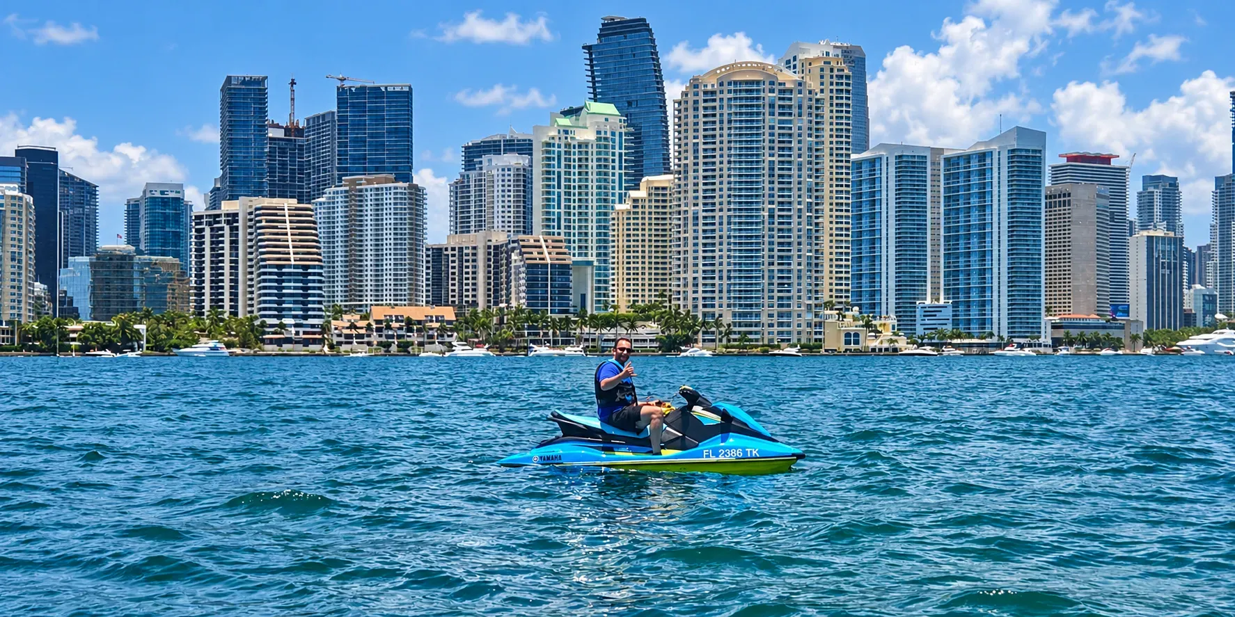 Miami jet ski tours with Downtown Miami and Brickell skyline views from Biscayne Bay