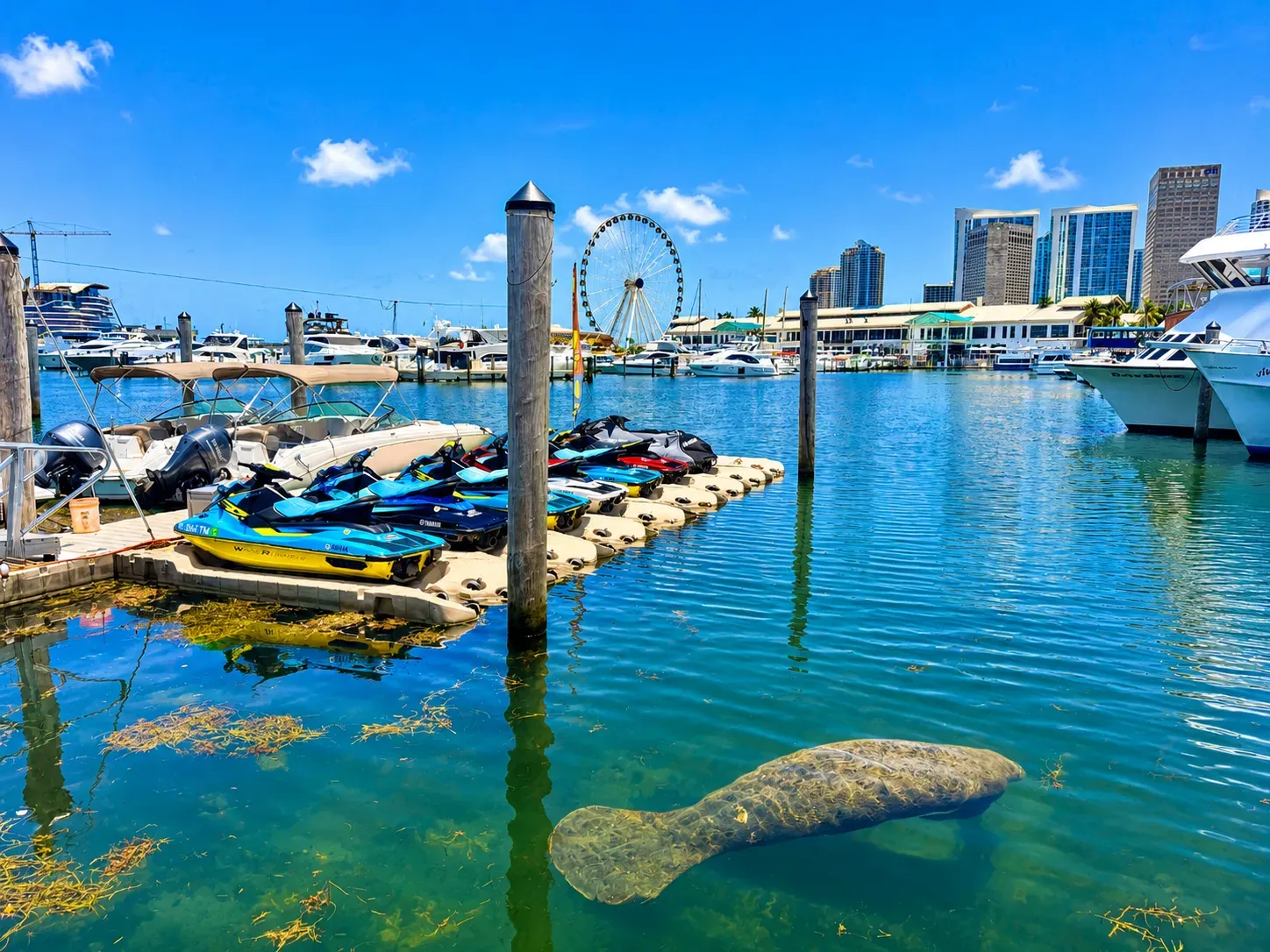 Miami jet ski tours at Bayside Marina with jet skis and a manatee swimming near the dock