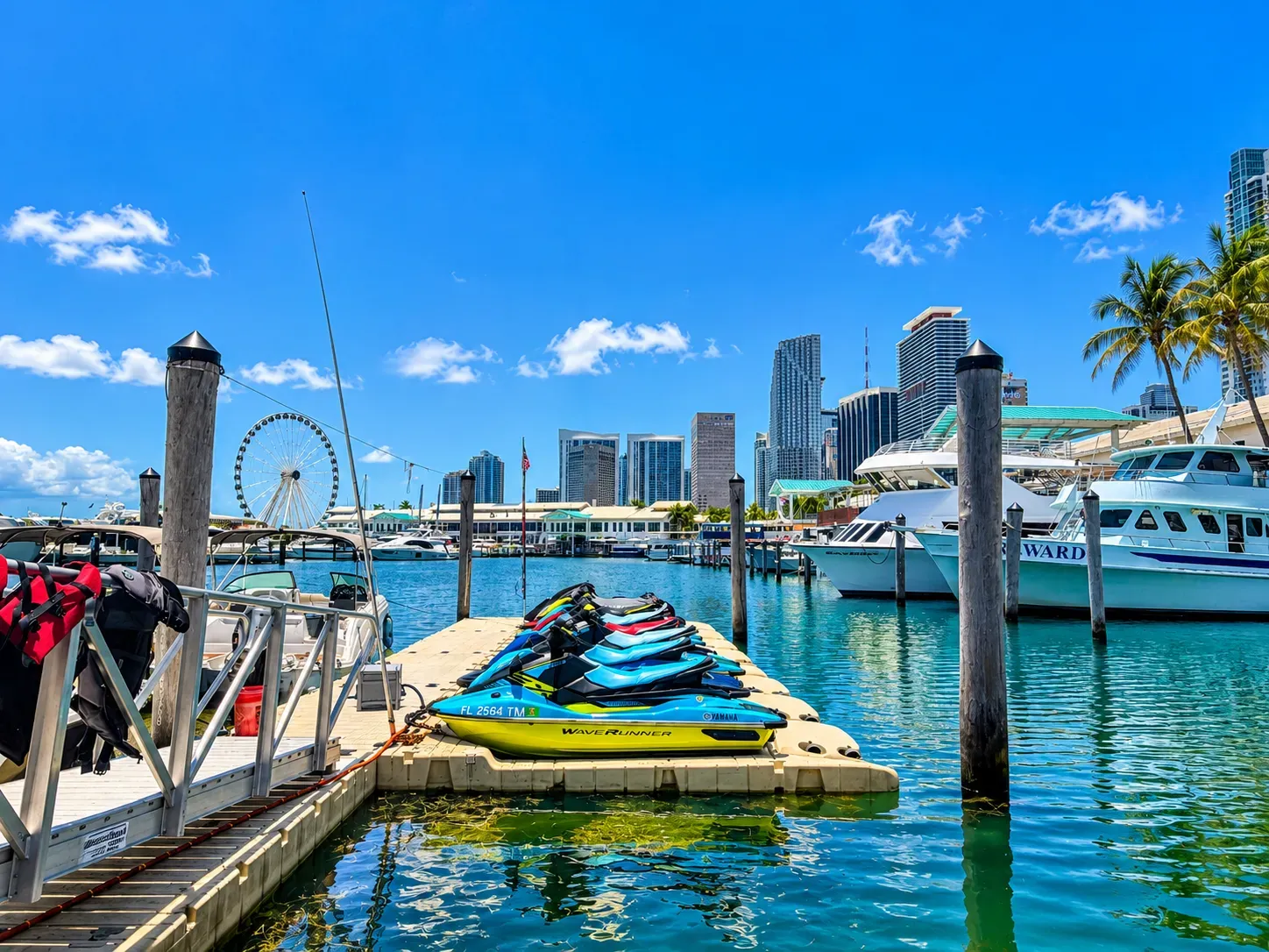 Miami jet skis in Bayside Marketplace docked at the marina with Downtown Miami waterfront views