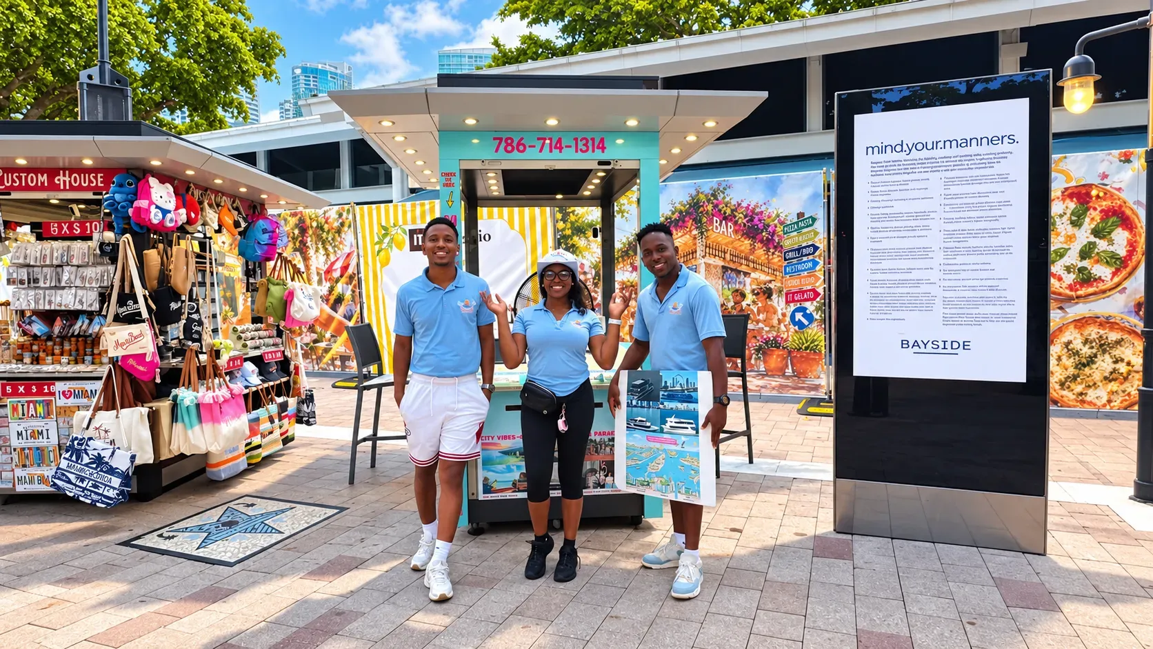 Miami Skyline Cruises team standing at a Bayside Marketplace kiosk in Miami