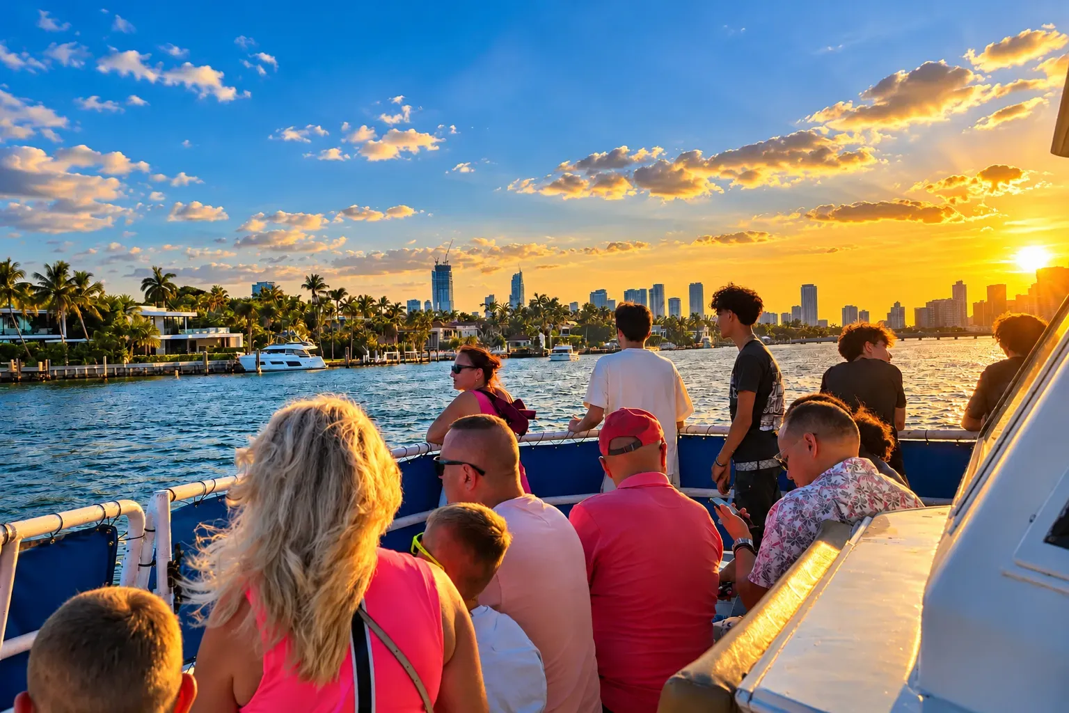 Miami sunset cruise passengers enjoying Biscayne Bay and skyline views during golden hour