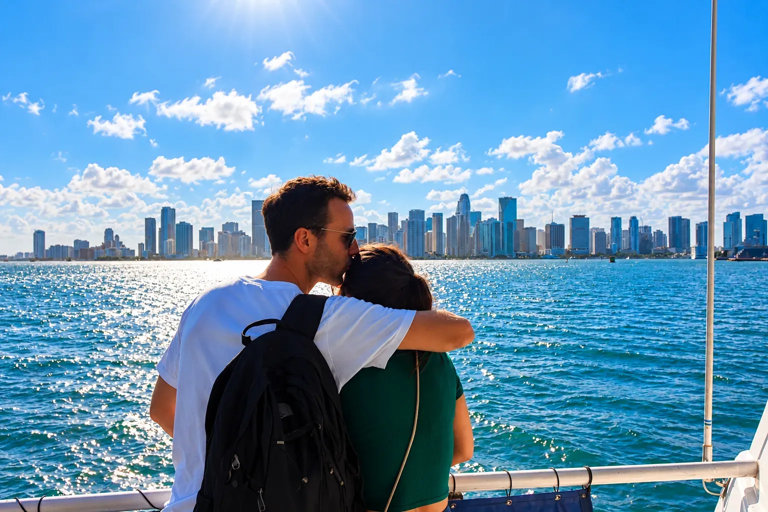 Couple enjoying a Miami tour on the water with skyline views across Biscayne Bay