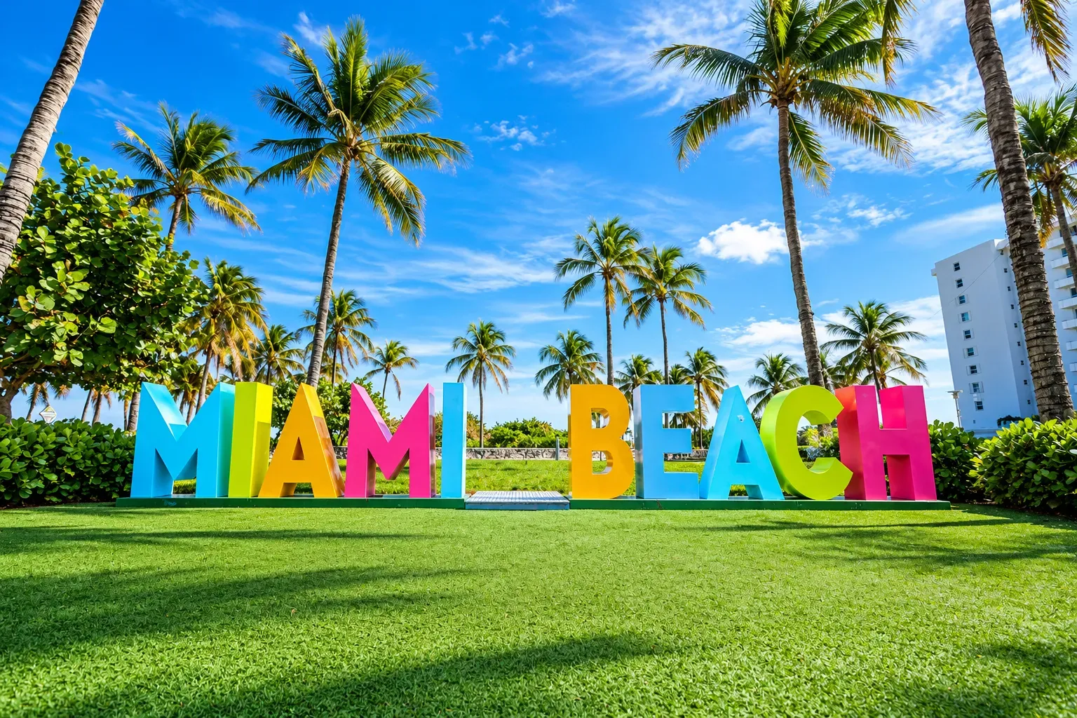 Miami tour in South Beach with the colorful Miami Beach sign and palm trees