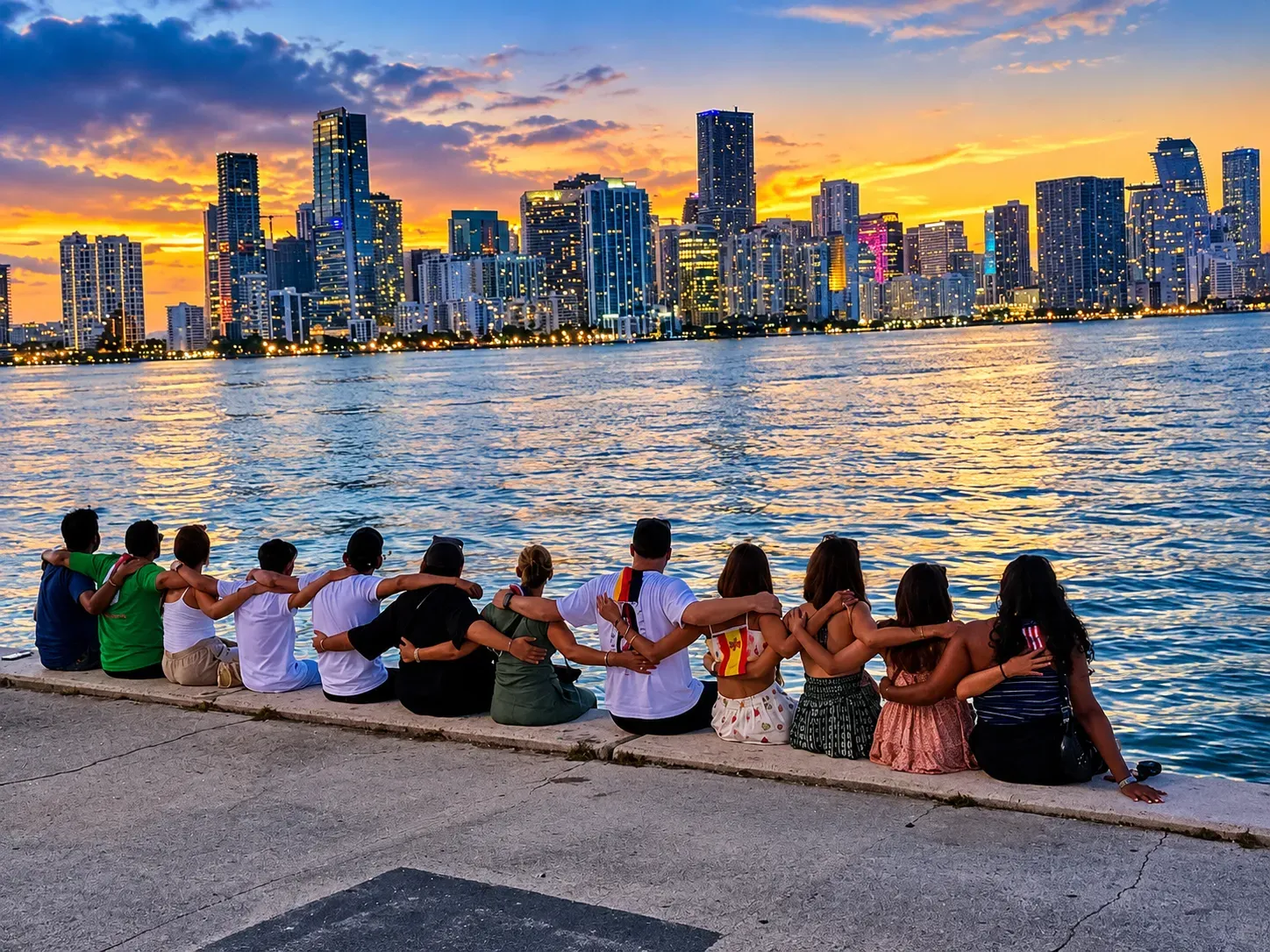 Miami tour group enjoying a sunset skyline photo stop overlooking Downtown Miami