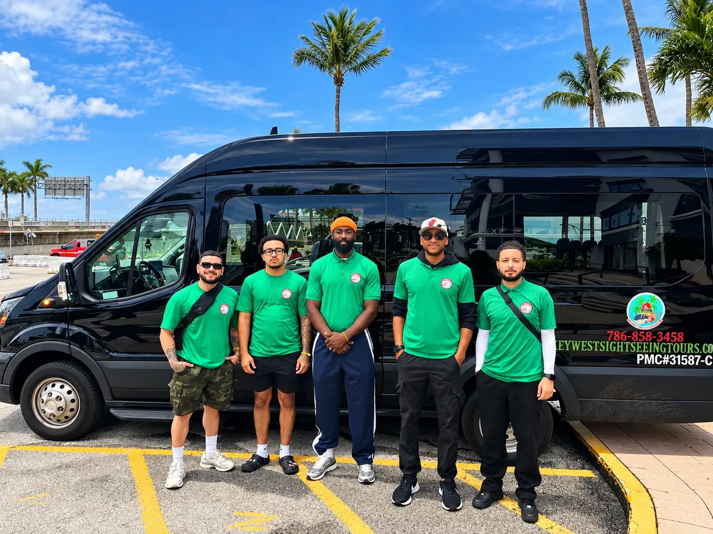 Miami Tours and Miami Bus Tours team standing in front of a sightseeing van in Downtown Miami