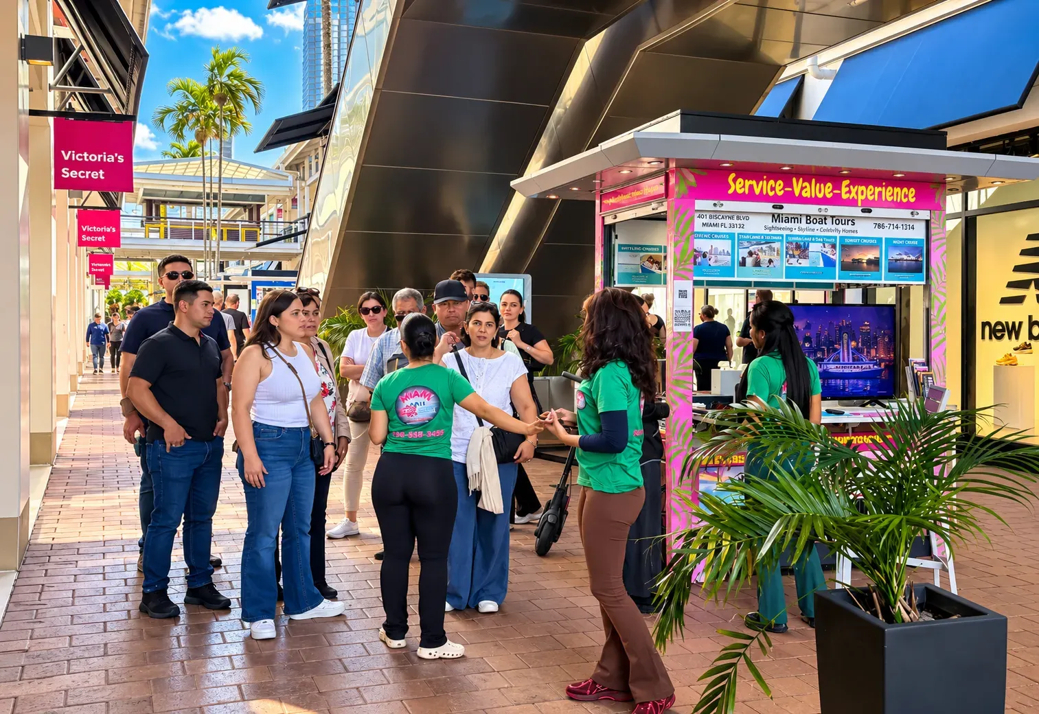 Miami tours and rentals team assisting travelers at the Bayside Marketplace service kiosk