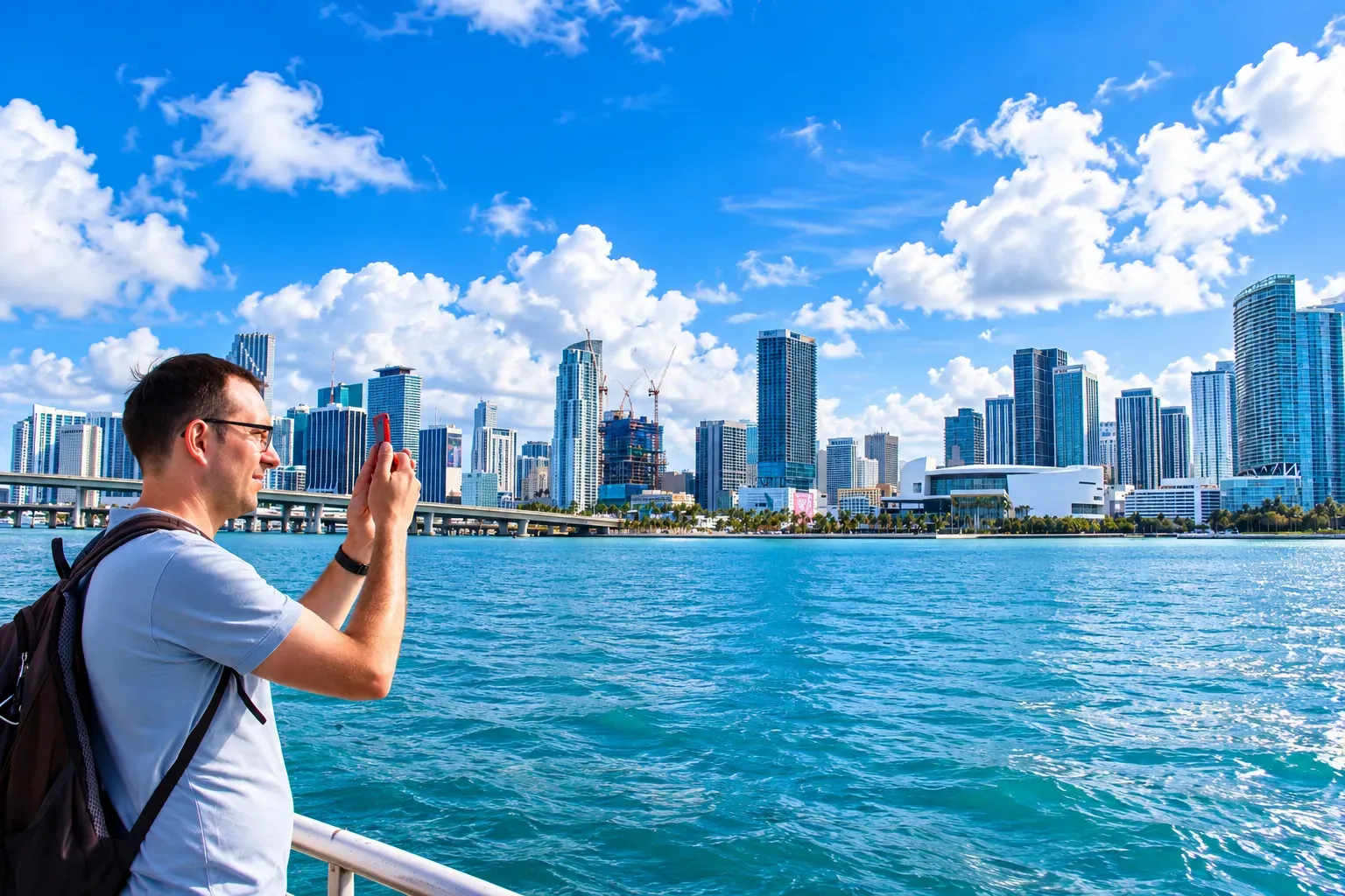 Miami tours and rentals traveler taking a photo of Downtown Miami from Biscayne Bay