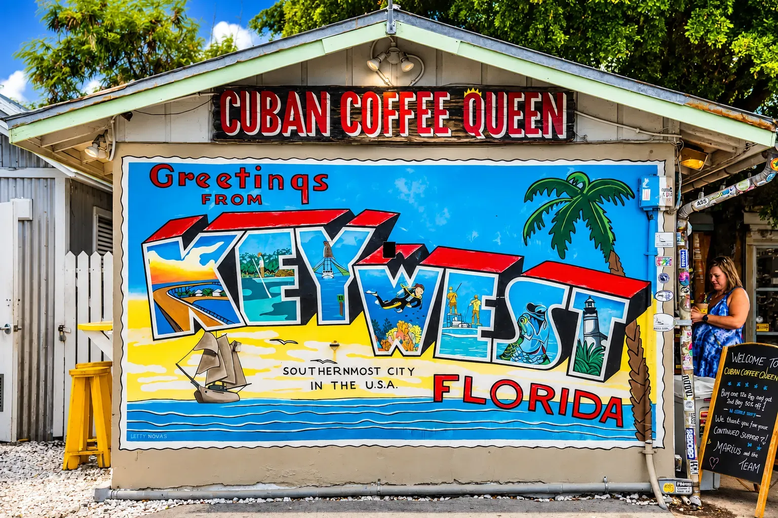 Miami tours and rentals with a Miami to Key West day trip stop at the Cuban Coffee Queen mural