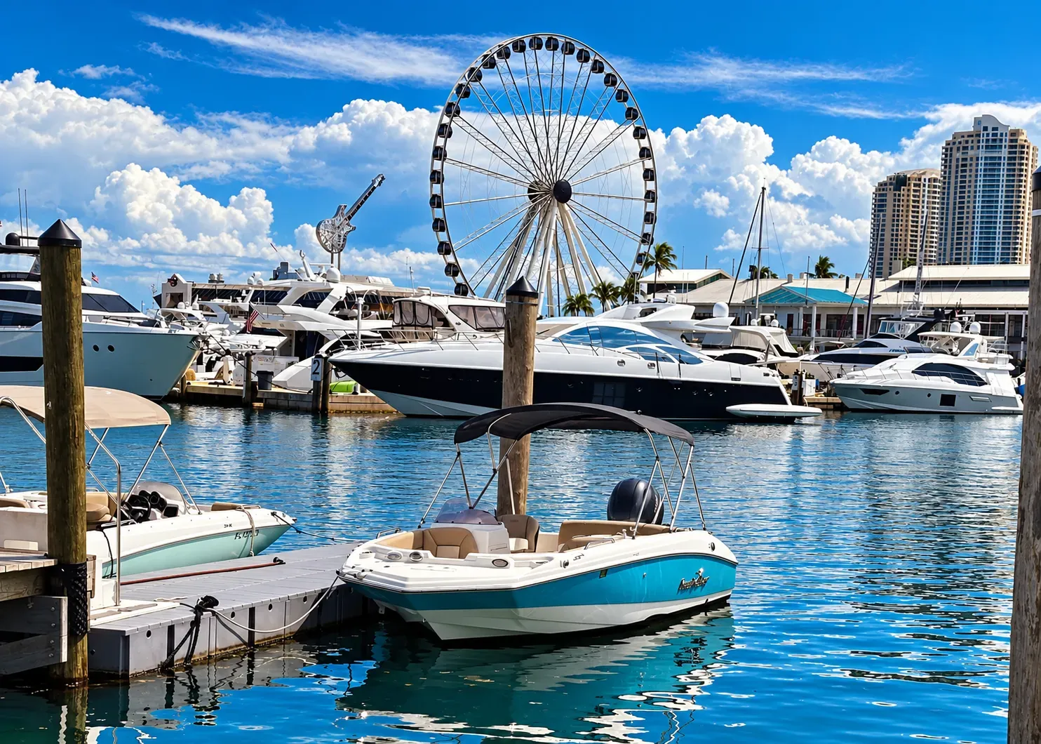 Miami Tours and Rentals with rental boats from Bayside docked at the Downtown Miami marina