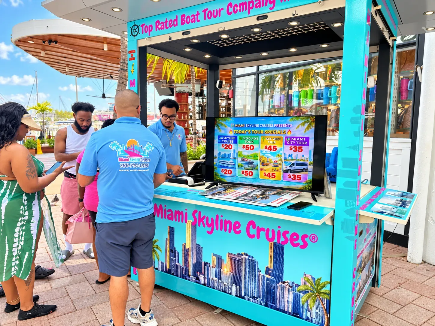 Bayside Marketplace kiosk where jet ski rentals in Miami are purchased