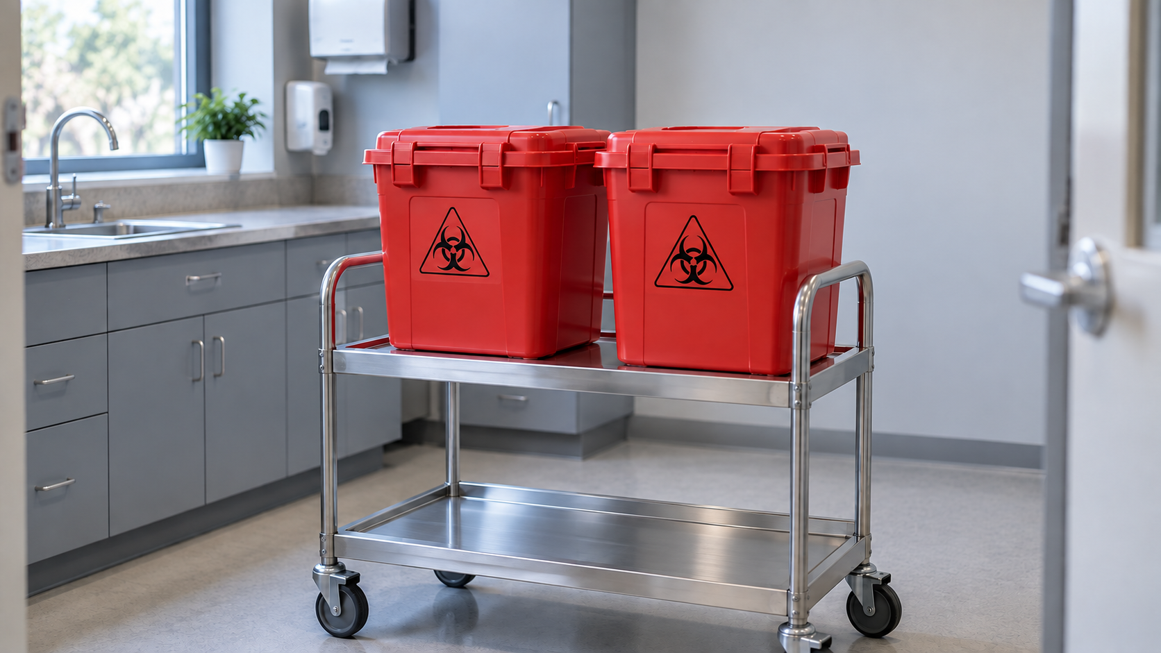 Closed medical waste containers on a cart in a clean clinic utility room