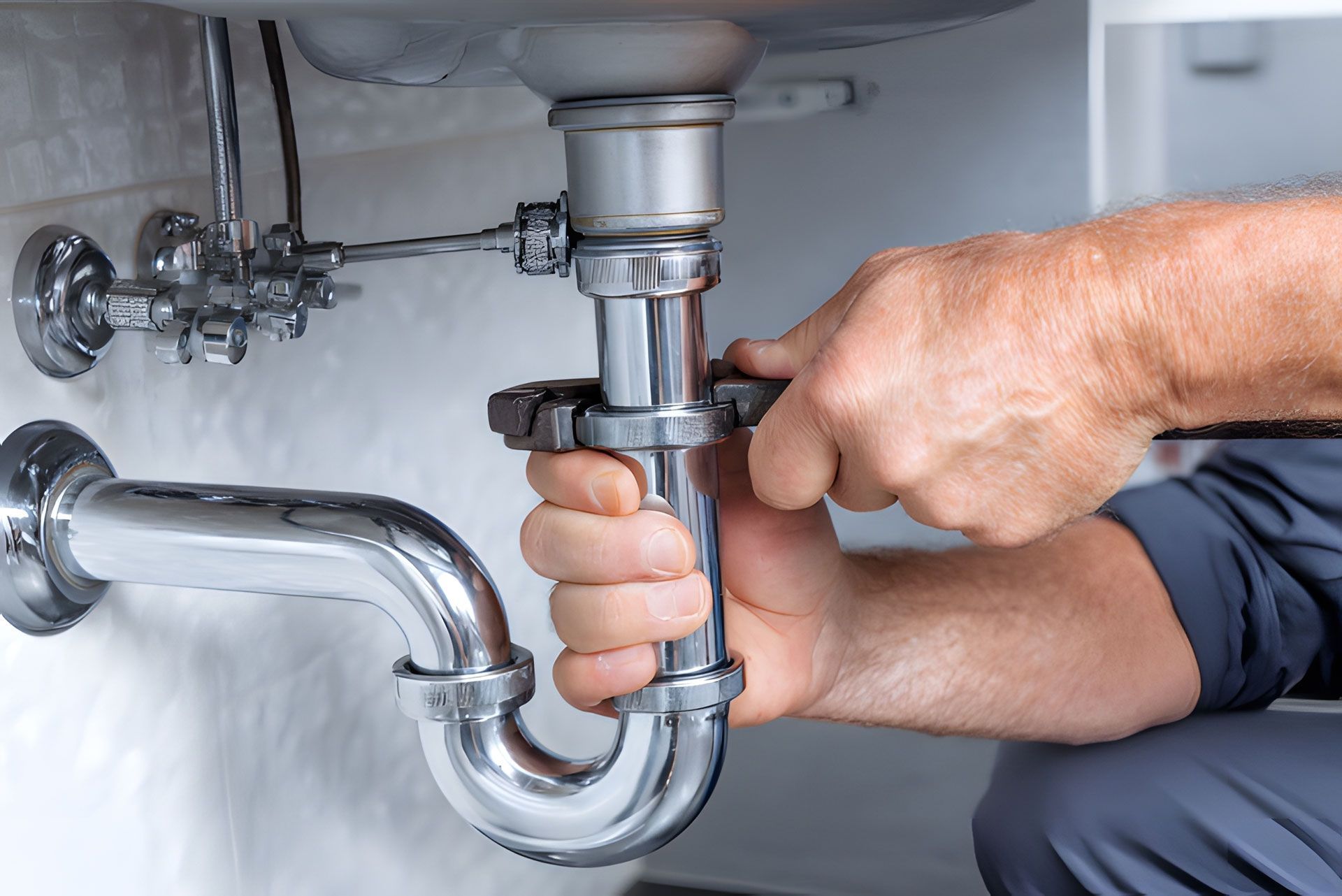 Hands tightening a chrome sink drain pipe under a bathroom sink.