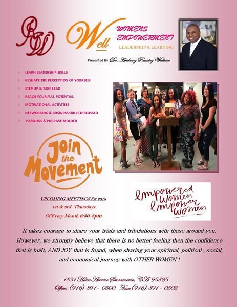 Pink event flyer with group photo, “Join the Movement,” and speaker headshot