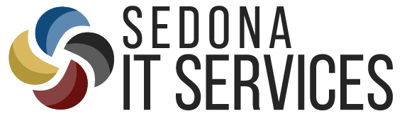 Sedona IT Services logo with blue, gold, maroon, and black circular emblem and text