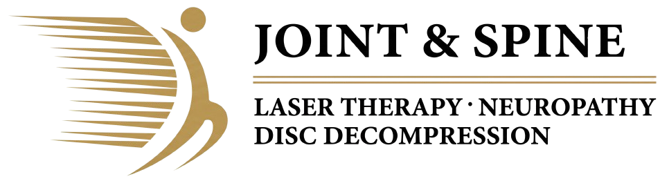 Joint & Spine clinic logo with gold swoosh icon and text: “Laser Therapy, Neuropathy, Disc Decompression.”