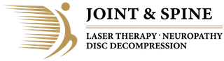Joint & Spine clinic logo with gold swoosh icon and text: “Laser Therapy, Neuropathy, Disc Decompression.”