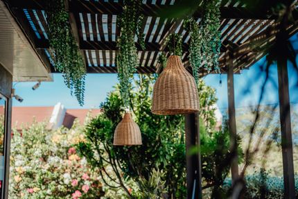 Patio dining area with potted cacti, wicker lights, and striped shade overhead