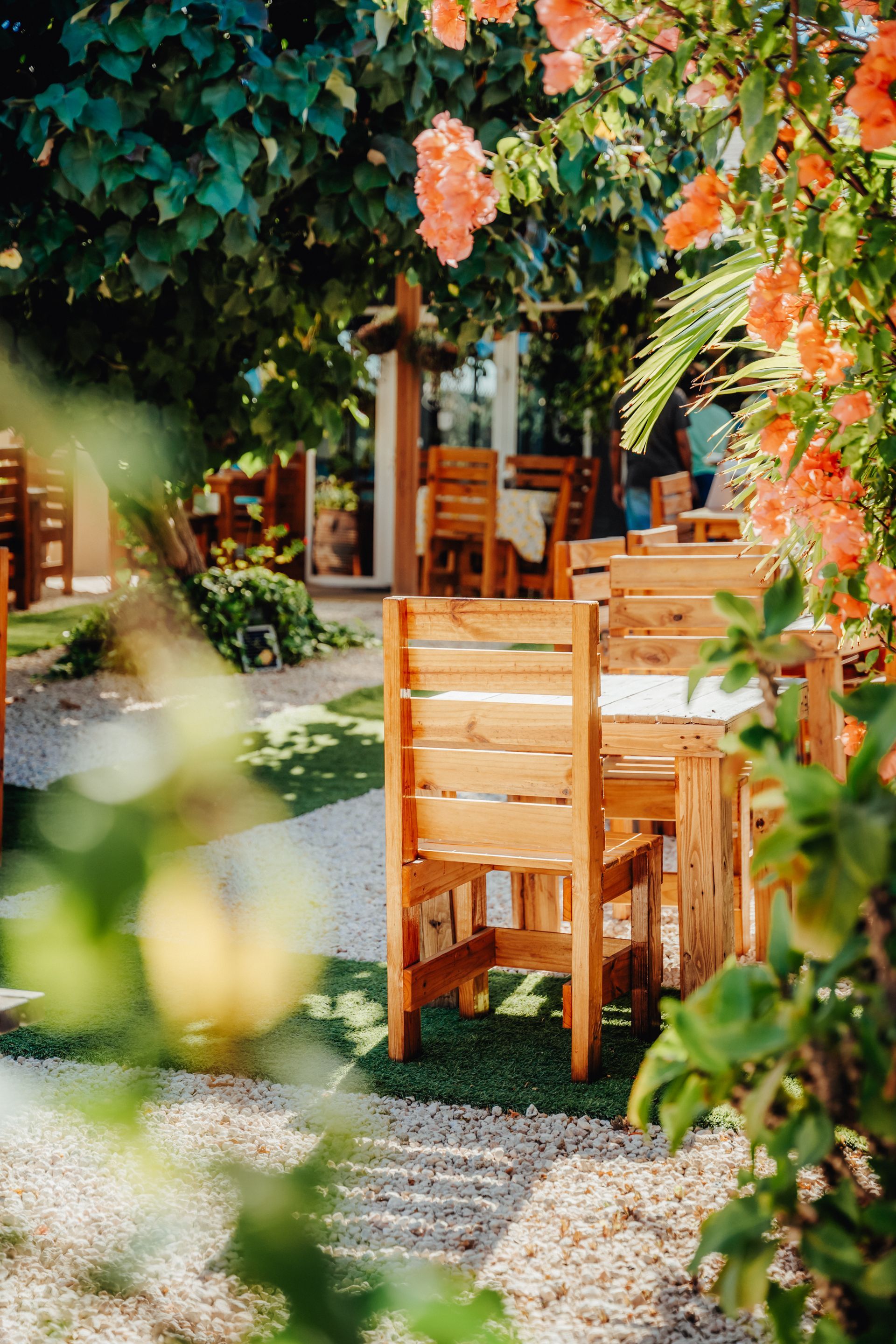 Outdoor café seating with wooden chairs and tables beneath lush green vines and orange flowers