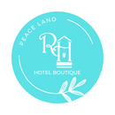 Turquoise circular hotel boutique logo with “Peace Land,” stylized RL monogram, and leaf accent